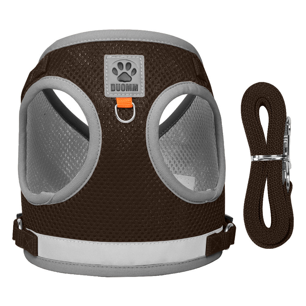 Reflective mesh pet harness and leash set – Coffee, S