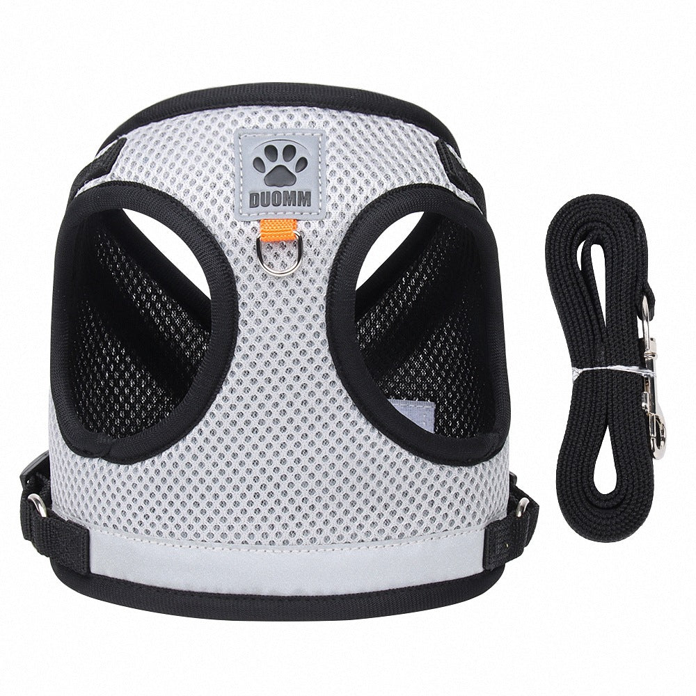 Reflective mesh pet harness and leash set – Grey, S