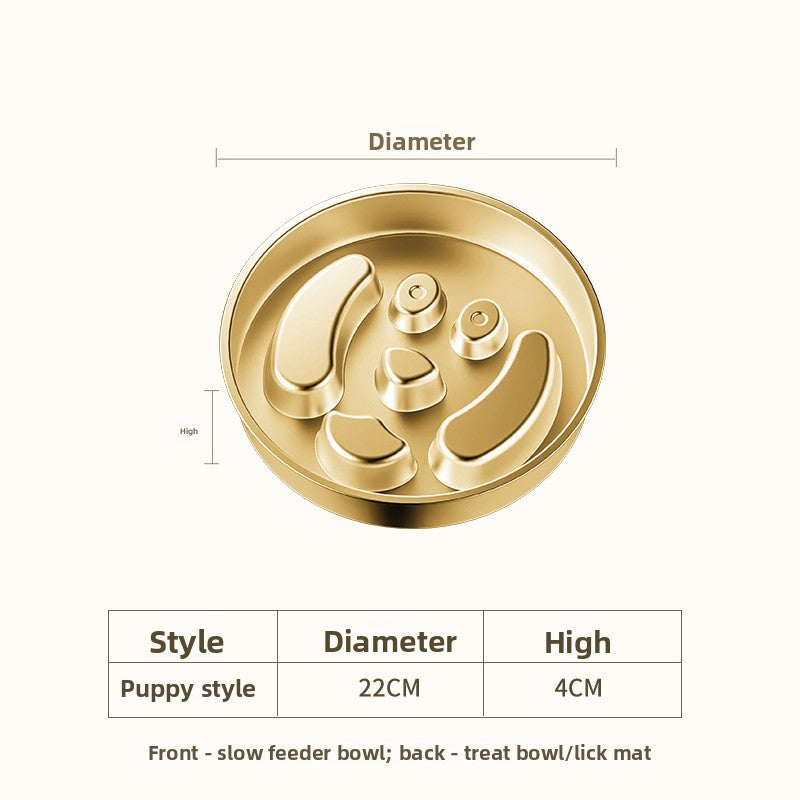 Gold stainless steel slow feeder dog bowl – 8.7 in, puppy pattern