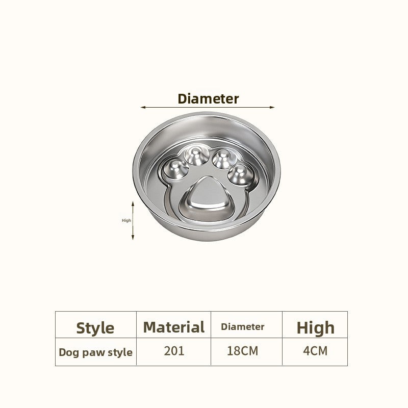Stainless steel slow feeder dog bowl – 7.1 in, 201 steel, dog paw pattern