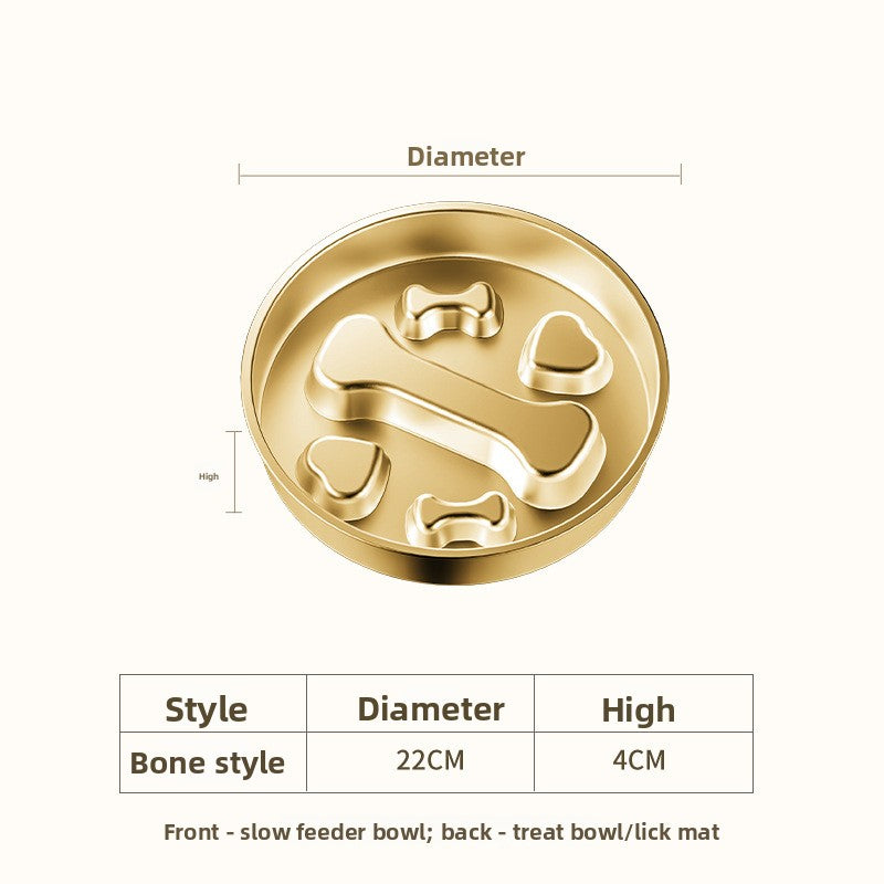 Gold stainless steel slow feeder dog bowl – 8.7 in, bone pattern