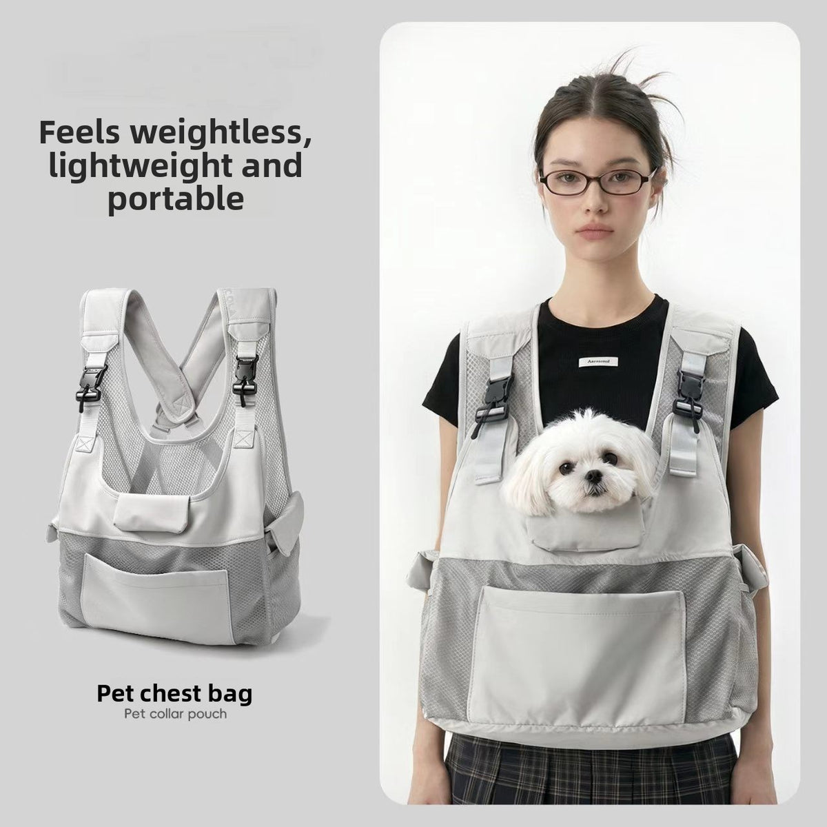 Light gray pet backpack carrier for cats and small dogs, view 2