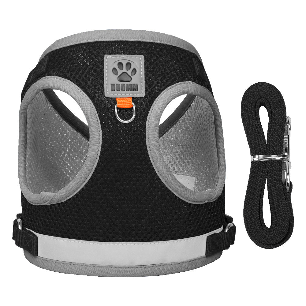Reflective mesh pet harness and leash set – Black, S